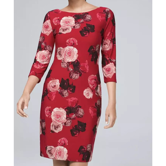 White House Black Market Red Rose Reversible Dress Sz XS Knee Length 3/4 Sleeve - Picture 1 of 8